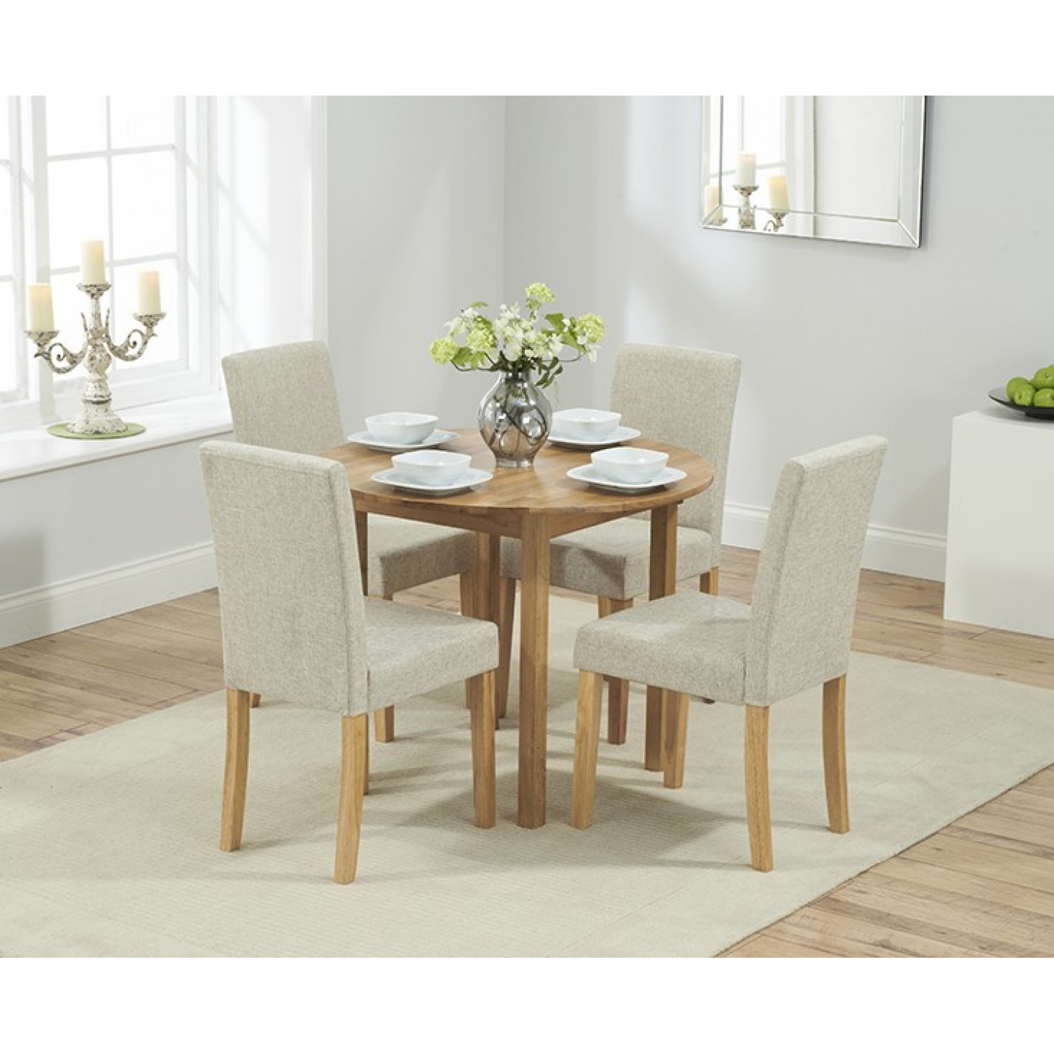 Promo Oak Round Extending Table And Cream Maiya Chairs Oak