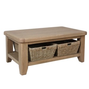 Heritage Smoked Oak Furniture Coffee Table with Wicker Baskets
