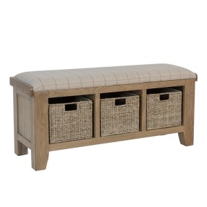 Heritage Smoked Oak Furniture Hall Bench with Wicker Baskets