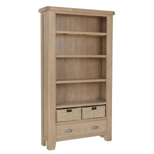 Heritage Smoked Oak Furniture Large Bookcase with Wicker Baskets