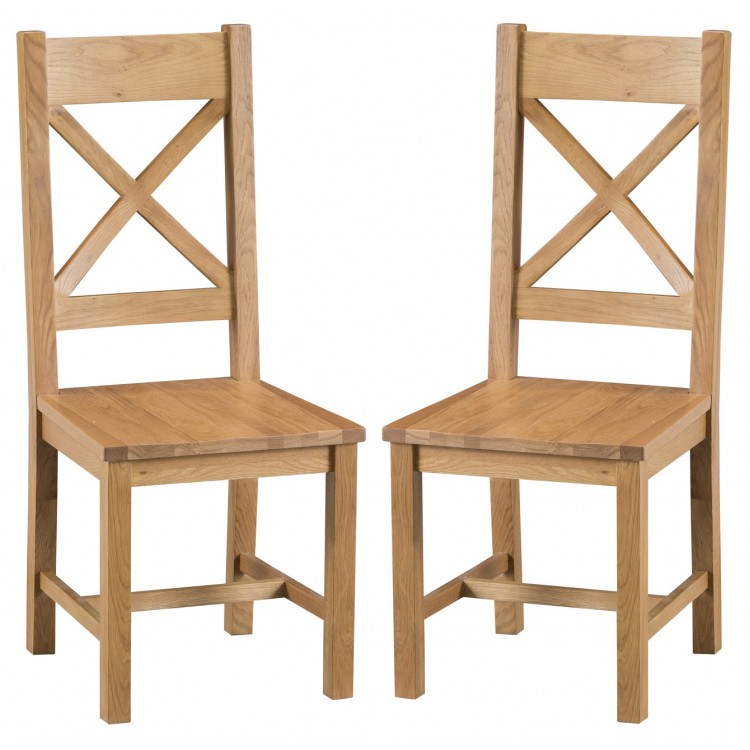 Colchester Rustic Oak Furniture Cross Back Chair With Wooden Seat Pair