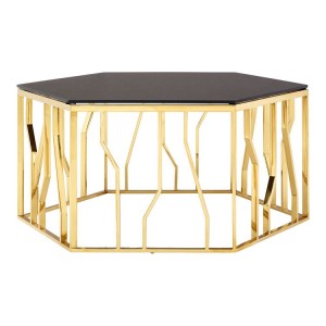 Alvaro Gold Finish Metal and Black Glass Hexagonal Coffee Table Alvaro Gold Finish Metal and Black Glass Hexagonal Coffee Table 5501717
