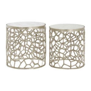 Templar Nickel Silver Finish Metal and White Marble Side Tables Templar Nickel Silver Finish Metal and White Marble Side Tables