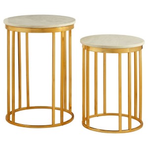 Templar Set of 2 Linear Design Gold Metal and White Marble Side Tables Templar Set of 2 Linear Design Gold Metal and White Marble Side Tables
