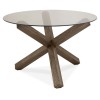 Bentley Designs Turin Dark Oak Circular Glass Table & 4 Turin Dark Oak Low Back Upholstered Chairs in Pebble Grey Fabric