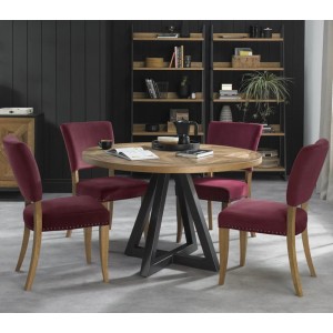 Bentley Designs Indus Rustic Oak 4 Seater Circular Dining Table & 4 Rustic Oak Upholstered Chairs in Crimson Velvet Fabric Bentley Designs Indus Rustic Oak 4 Seater Circular Dining Table & 4 Rustic Oak Upholstered Chairs in Crimson Velvet Fabric
