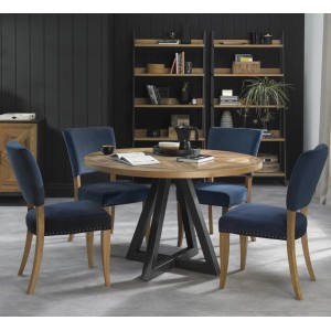 Bentley Designs Indus Rustic Oak 4 Seater Circular Dining Table & 4 Rustic Oak Upholstered Chairs in Dark Blue Velvet Fabric Bentley Designs Indus Rustic Oak 4 Seater Circular Dining Table & 4 Rustic Oak Upholstered Chairs in Dark Blue Velvet Fabric