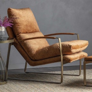 Fabien Ochre Velvet Upholstered Lounger Armchair with Brass Matt Metal Frame Fabien Ochre Velvet Upholstered Lounger Armchair with Brass Matt Metal Frame