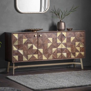 Tate Brass and Acacia Wood Geometric Designed 3 door Sideboard Tate Brass and Acacia Wood Geometric Designed 3 door Sideboard