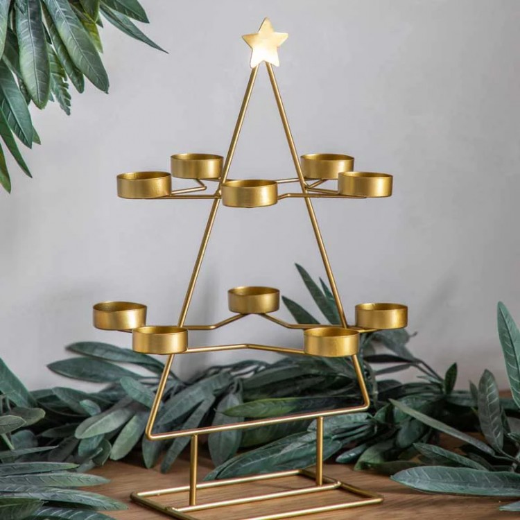 Xmas Tree Gold Tealight Holder x10 Indoor Decoration