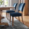 Bentley Designs Indus Rustic Oak 4 Seater Circular Dining Table & 4 Rustic Oak Upholstered Chairs in Dark Blue Velvet Fabric