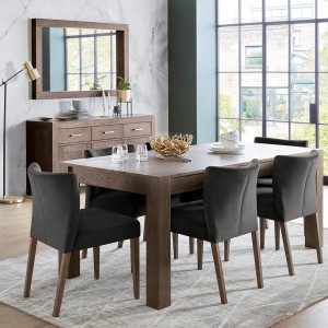 Bentley Designs Turin Dark Oak 6-8 Seater Dining Table & 6 Turin Dark Oak Low Back Upholstered Chairs in Gun Metal Velvet Fabric Bentley Designs Turin Dark Oak 6-8 Seater Dining Table & 6 Turin Dark Oak Low Back Upholstered Chairs in Gun Metal Velvet Fabric