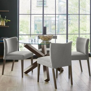 Bentley Designs Turin Dark Oak Circular Glass Table & 4 Turin Dark Oak Low Back Upholstered Chairs in Pebble Grey Fabric Bentley Designs Turin Dark Oak Circular Glass Table & 4 Turin Dark Oak Low Back Upholstered Chairs in Pebble Grey Fabric