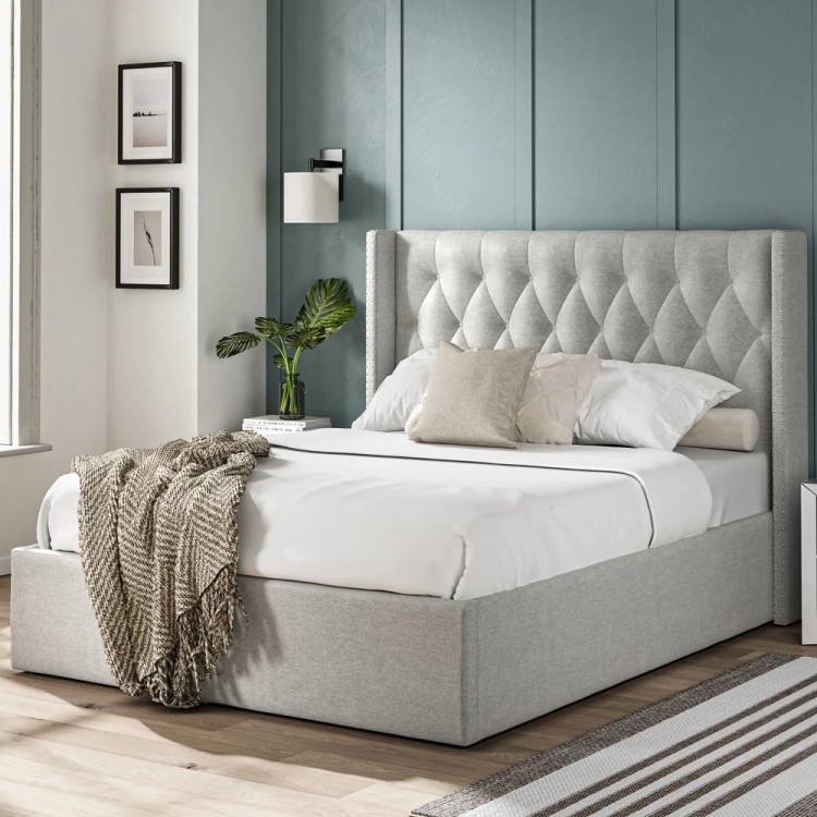 Fulham Light Grey Linen Fabric Ottoman 5ft King Size Bed