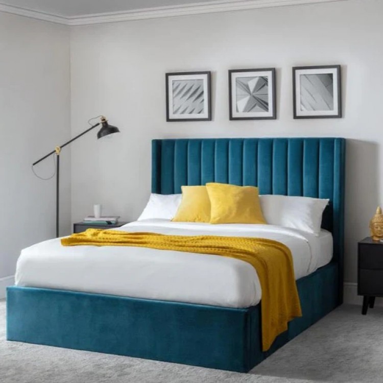 Julian Bowen Furniture Langham Scalloped Teal Velvet 6ft Super King Size Ottoman Bed