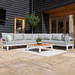 Maze Lounge Outdoor Oslo Aluminium White Large Corner Group with Teak Coffee Table Maze Lounge Outdoor Oslo Aluminium White Large Corner Group with Teak Coffee Table