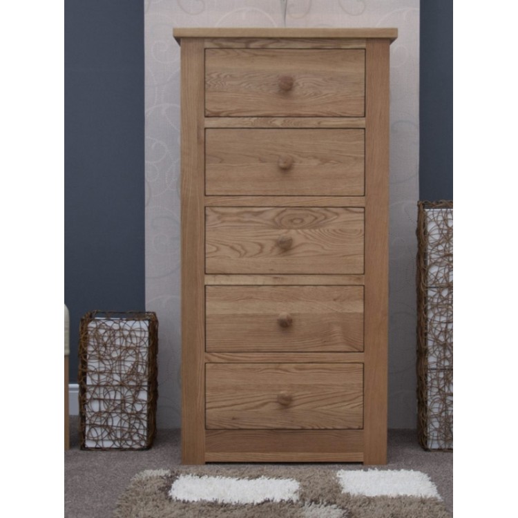 Torino Solid Oak Furniture 5 Drawer Wellington Chest