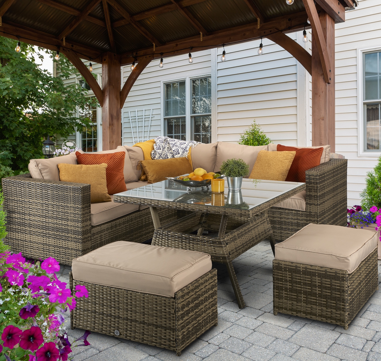 Brown Rattan Garden Outdoor Corner Sofa With Dining Table