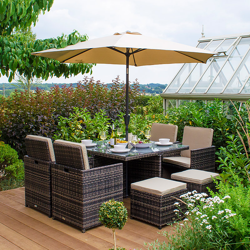 Parasol Rattan Garden Cube Table And Chairs Outdoor Dining Table