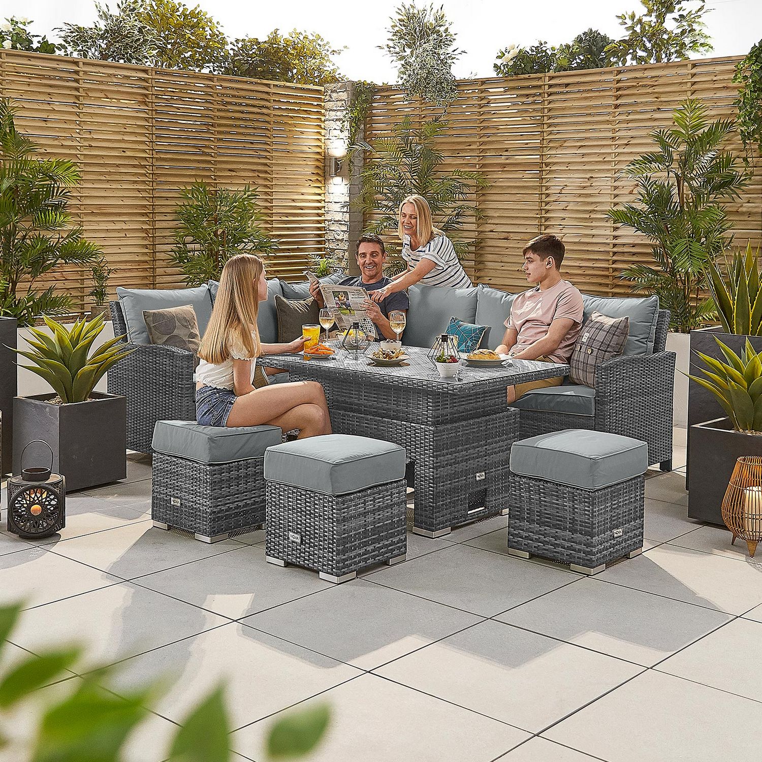 Nova Garden Furniture Cambridge Grey Rattan Left Hand Corner Dining Set With Rising Table Oak House Nova Garden Furniture Cambridge Grey, Cambridge 4 Rattan Chairs And Small Round Dining Table Set In Grey