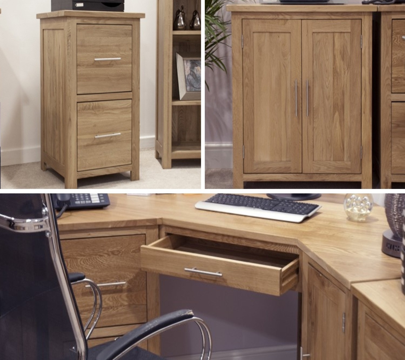 Opus Solid Oak Corner Desk, Filing Cabinet & Printer Cupboard Set