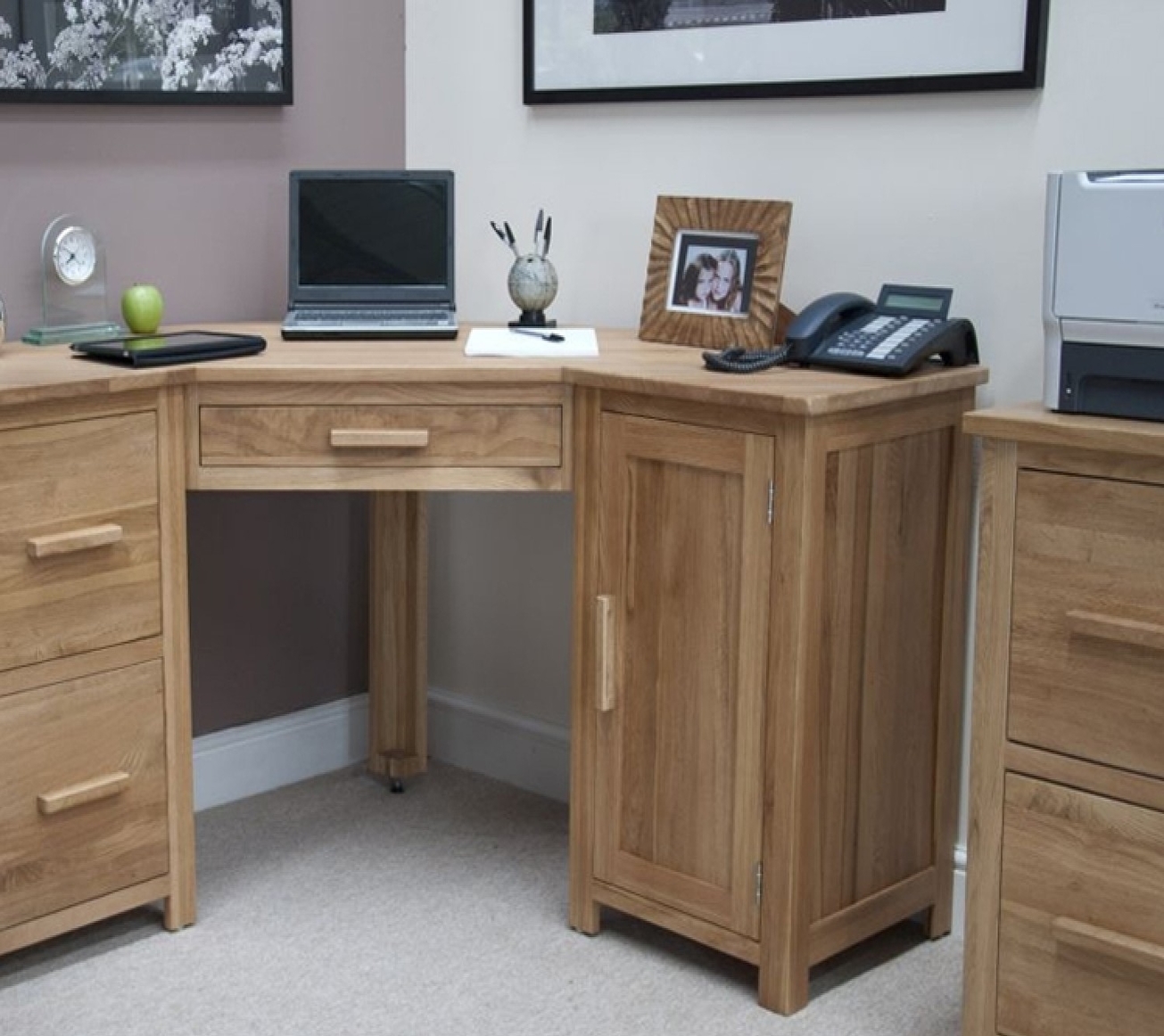 Opus Solid Oak Furniture Corner Desk & Filing Cabinet Set