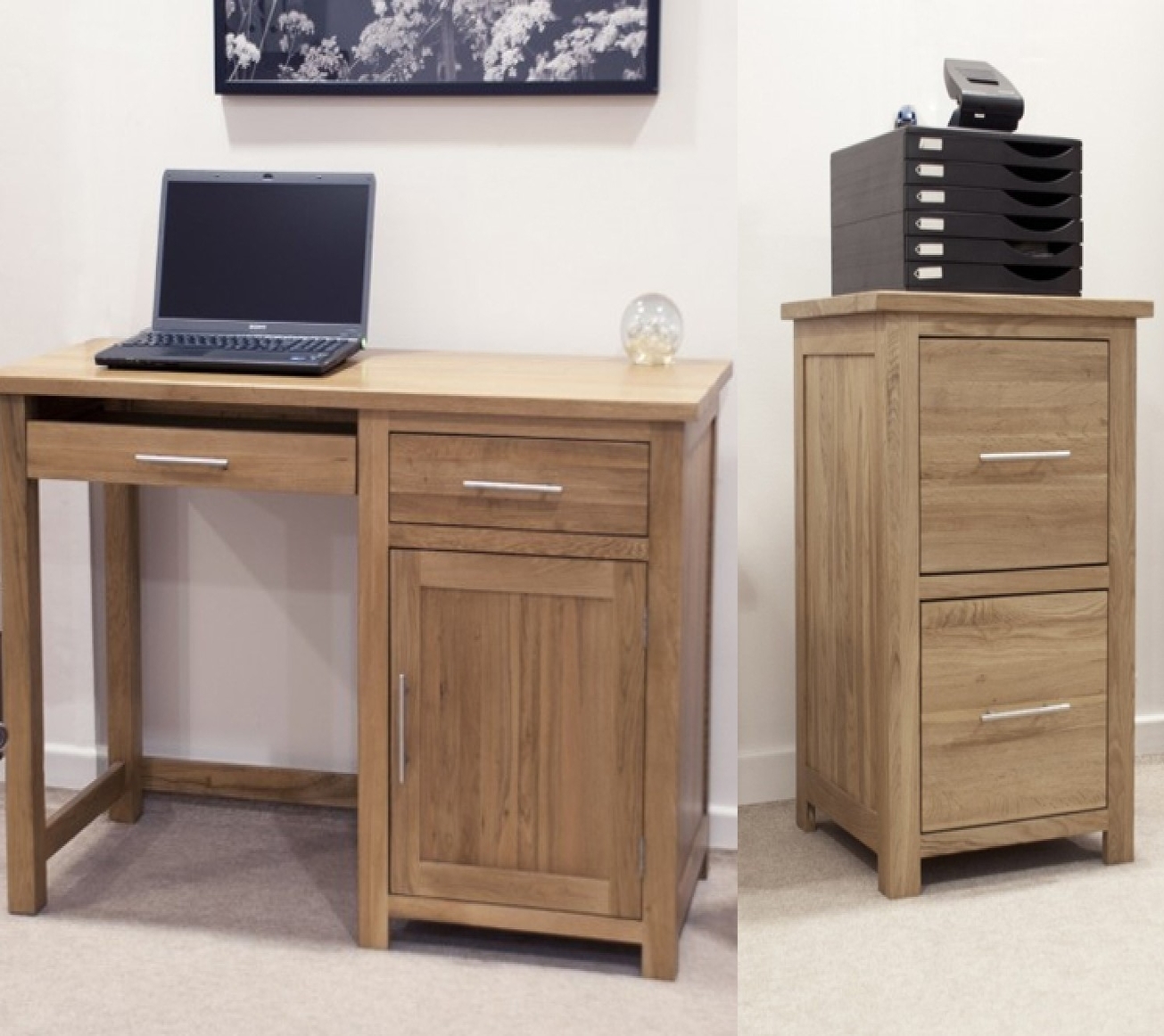 Opus Solid Oak Small Computer Desk & Filing Cabinet Set