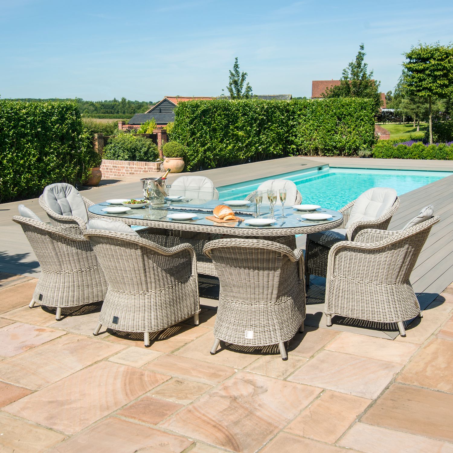 Maze Rattan Oxford 8 Seat Oval Fire Pit Table With Rounded Chairs