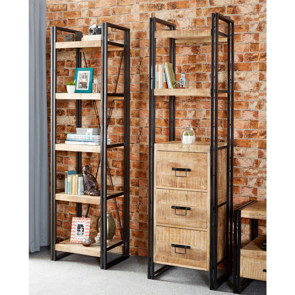 Cosmo Industrial Slim Open Bookcase Oak Furniture House
